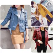 （5色S-3XL）韓版短版pu皮衣外套機車夾克女短版百搭帥氣粉色霾霧藍酒紅色黃色黑色皮外套『預購』