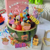 訂單滿199出貨  ins夏日果西瓜蛋糕裝飾卡通小熊生日快樂插牌烘焙插件