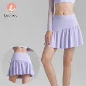 Leorrey-高腰荷葉邊二閤一純色體操服跑步瑜伽裙短褲