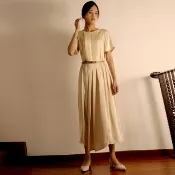 絲感 上身壓摺 橡根腰 闊擺 連衣裙 附送腰帶 連身裙 洋裝