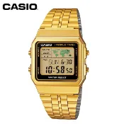 【CASIO】A500WGA-1 復古造型電子錶/全球地圖世界時間/百搭/男女通用款/34mm/金/公司貨【第一鐘錶】