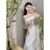 台灣現貨白色長洋裝 露肩洋裝 兩件套有裏佈 氣質名媛炸街連衣裙 長洋裝 法式洋裝 渡假洋裝 收腰洋裝  露天市集  全台