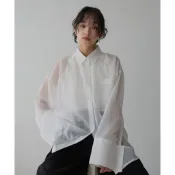 【免運日單原單Fr@me暗格紋透膚寬袖襯衫】ins大人氣白色/黑色/藍色豎暗紋長袖上衣，oversize寬鬆落肩輕薄透視