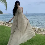 韓版旅行度假性感素色吊帶長裙女裝緊身無袖露背中長款A字洋裝