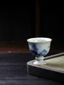 喜挖2店 釉中彩青花汝窯石榴高腳杯 祈福壽桃 典雅復古品茗