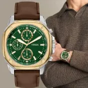 FOSSIL Gage 時尚八角三眼多功能手錶 開學購物季 送禮首選-綠x咖啡/47mm BQM7144