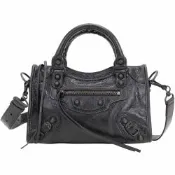 BALENCIAGA 巴黎世家 Le City Arena Storico MINI 揉製羊皮霧黑扣手提/斜背機車包(黑色)