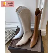 【臺灣現貨】白色尖頭西部靴女高筒長靴女不過膝顯瘦粗跟真皮長筒騎士靴子