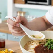 熱銷中💯陶瓷長柄湯勺家用喝湯調羹彎柄粥勺商用餛飩水餃麻辣燙螺螄粉湯匙PLM75