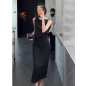 法式聚會派對性感黑色長裙女裝顯瘦圓領無袖鏤空露背中長款A字洋裝