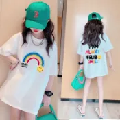 COD 女童兒童 T 恤連衣裙 Rainbow Smiley I Am Always Feliz 印花短袖柔軟棉質寬鬆夏