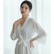 (店+)LE FLIRT 白色雪紡透膚唯美綁帶睡袍 蕾絲罩衫 白色浴袍 情趣睡衣 性感睡衣 誘惑挑逗人妻必備 薄紗睡衣