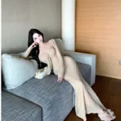 純欲風綁帶吊帶連身裙魚尾休閒長袖開衫外套兩件套連身裙綁帶設計魚尾裙