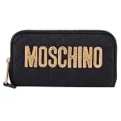 【MOSCHINO】亮金LOGO尼龍菱格紋絎縫拉鍊零錢長夾(黑)