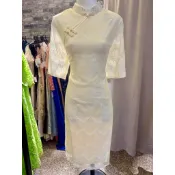 媽媽小姐新娘禮服洋裝 尺碼L 香檳金色高檔柔軟網紗蕾絲刺繡 斜盤扣造型 改良旗袍 兩片開叉裙 氣質優雅 古典美 輕柔年輕