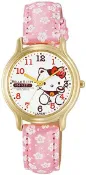 綠野春風百貨場 Citizen Q&Q【日本代購】 手錶指針式Hello Kitty 防水皮革錶帶日式花紋日本製造0007N003 女士粉色
