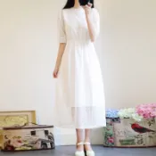現貨：學生款學院風畢業典禮中長裙圓領蕾絲洋裝圓領高腰婚禮連衣裙謝師宴慶功宴白色A字裙休閒外出五分袖黑色節目表演過膝長裙