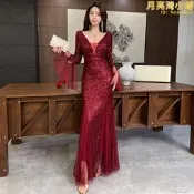 【現貨免運】4686女裝晚禮服酒紅色亮片氣質魚尾連衣裙
