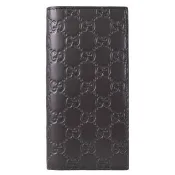 【GUCCI 古馳】經典雙G LOGO皮革壓紋多卡透明證件對折長夾(深咖)