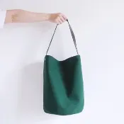 藏綠色帆布大型水桶(圓) 皮革提把肩包