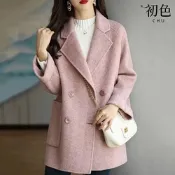 初色 韓版人字紋毛呢中長款寬鬆西裝領雙排釦長袖大衣外套女外套-共3色-38763(M-4XL可選)