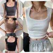 (店+)BELLA+台灣現貨秒出🆕五色包覆素色小可愛自帶杯大方領短版露臍打底辣妹純色性感顯瘦無袖上衣運動風寬肩背心女夏天小吊帶