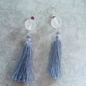 925 純銀  長流蘇 14MM粉晶, 小石榴石 耳環 14MM pink quartz, small garnet with tassel  925 silver earring