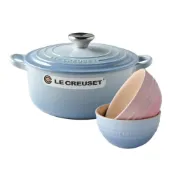 【獨家組合】Le Creuset 圓形鑄鐵鍋 20cm 海岸藍 + 韓式飯碗 2入 糖果粉/海岸藍 湯鍋 燉鍋