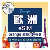 【環亞電訊】eSIM歐洲30天（總量20GB）附贈通話(eSIM 24H自動發貨 免等待免換卡 歐洲 法國 德國 英國 瑞士)