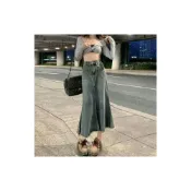 (店+)免稅免運｜hc精選 牛仔半身裙女中長裙高腰a字魚尾包臀日韓做舊大裙擺復古藍中長款