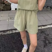 (店+)【FEE BABY】棉麻抽繩短褲 鬆緊腰 寬褲 闊腿褲 a字褲 寬口褲 休閒褲 女短褲 綁帶短褲 涼感 秋冬穿搭 黑色 卡色(會透) 灰藍色(會透) 燕麥色(會透)