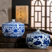 全球選品1館 生活百貨 中式陶瓷罐景德鎮青花瓷茶葉罐（不帶密封）陶瓷米缸豬油罐醒茶罐