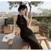 【雪梨·女装❤️】黑色旗袍洋裝 新中式洋裝 國風復古連身裙 日常改良旗袍撞色盤扣修身顯瘦長裙 魚尾裙 宴會洋裝