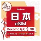 【環亞電訊】eSIM日本Docomo3天每天1GB(日本網卡 docomo 原生卡 日本 網卡 沖繩 大阪 北海道 東京 eSIM)