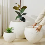 vinne百貨家居 落地花盆花器 簡約輕奢高級感鎂泥花盆大號奶油風黑金剛橡皮樹春羽圓球形大花盆