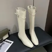 (店+)長靴內增高8CM小個子長筒靴女春秋方頭顯瘦不過膝高筒騎士長靴素面短裙搭配粗跟大尺碼韓系穿搭軟皮皺褶靴筒彈性靴筒修飾小腿約會穿搭金屬扣側拉鍊秋冬穿搭外出逛街大筒