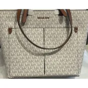 Michael Kors MK 經典白老花滿版PVC防刮雙口袋拉鍊大款托特包