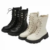 【Grace Gift】綁帶靴 靴子 女鞋【小貓聯名-名媛微光珍珠輕量厚底綁帶靴】2色 35-41 輕量靴
