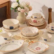 中式陶瓷餐具組 福樂印花碗盤 家用餐桌碗碟套組 喬遷結婚送禮 日式復古餐具