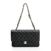 【CHANEL 香奈兒】Classic Flap bag Medium粒面/中型菱格/金黑雙色鏈帶-25cm(黑)