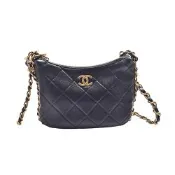 CHANEL 經典HOBO仿舊雙C LOGO菱格紋羊皮金鍊肩背包(黑色)