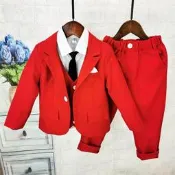 48h出貨丶男童紅色西裝套裝三件套春秋周歲禮服洋氣英倫花童婚禮兒童小西服