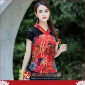 夏季唐裝V領上衣旗袍短袖民族風棉麻印花女唐裝改良復古蕾絲大碼氣質女裝日常修身-紅葉-水水女人國
