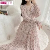 【臺灣 出貨】文藝風碎花裙雪紡連衣裙長裙春季新款韓版僊女裙荷葉邊大擺裙 連身裙洋裝 連衣裙 度假洋裝 長裙 大尺碼洋裝