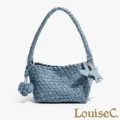 【 Tree House 】(絕版58折)LouiseC. 丹寧牛仔布(可拆式子母包)刷白手工編織肩背斜背腋下小包(藍色)-附綁繩圓球吊飾&星形布片鑰匙圈 OGGL23081