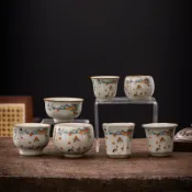 喜挖2店 青玉汝窯柿柿如意貓主人杯中式茶盞汝瓷四方茶杯復古龍旦品茗杯