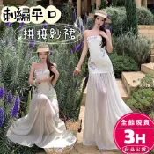 【梨卡】隔日到貨 女裝 洋裝 長裙 連身長裙 刺繡平口 拼接紗裙 一字肩長裙 假兩件洋裝 夏天 HZ274【現貨24H】