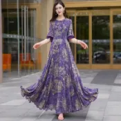 高級紫色 雪紡 洋裝 女2024夏新款優雅氣質顯瘦 海邊度假裙 大擺裙