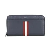 BALLY Ribbon 銀字烙印LOGO小牛皮紅白線條搭尼龍12卡ㄇ字拉鍊長夾(男款/午夜藍)