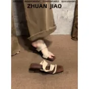 🎉可開發票🎉羊皮版！方頭絨面一字帶坡跟涼鞋女夏外穿露趾復古繞帶高跟涼拖鞋